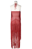 Women's Holiday Halter Neck Fringe Knitted Cutout Low Back Split Beach Cover-Up Dress
