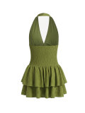 Summer Women's Sexy Party Solid V Halter Neck Pleated Slim Waist Ruffle Tiered Mini Dress
