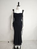 Summer Women's Mesh Square Neck Low Back Ruched Tie Detail Slim Waist Slim Fit Strap Dress