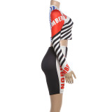 Summer Women's Fashion Style Striped Print Round Neck Crop Long Sleeve Top & Pants Set