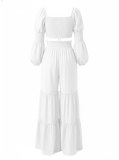 Women's Casual Holiday Smocked Slim Waist Puff Sleeve Crop Top & Ruffle Pants Set