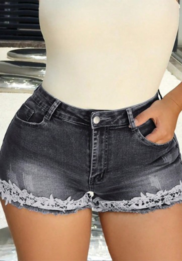 Women's Slim Fit Lace Trim Denim Shorts