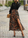 Summer Women's Slim Fit Patchwork Leopard Print Split Long Sleeve Dress