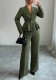 Spring/Fall Women's Solid Deep V Turndown Collar Ruffle Hem Blazer & High Waist Wide Leg Pants Set