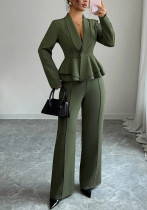 Spring/Fall Women's Solid Deep V Turndown Collar Ruffle Hem Blazer & High Waist Wide Leg Pants Set Spring/Fall Women's Solid Deep V Turndown Collar Ruffle Hem Blazer & High Waist Wide Leg Pants Set