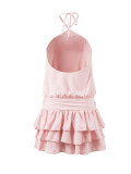 Summer Women's Holiday Solid Halter Neck Tie-Up Low Back Layered Ruffle Mini Dress