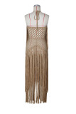 Women's Holiday Halter Neck Fringe Knitted Cutout Low Back Split Beach Cover-Up Dress