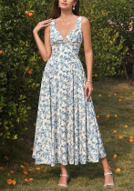 Sexy Fashion Deep V-Neck Slim Waist A-line Ruched Strap Dress