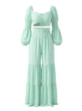 Women's Casual Holiday Smocked Slim Waist Puff Sleeve Crop Top & Ruffle Pants Set
