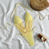 Women Solid Casual Backless Pleated Beach Holidays Two-Piece Swimsuit