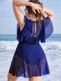 Plus Size Women Mesh Ruffled Short-Sleeved Solid Holidays Swimsuit Beach Dress