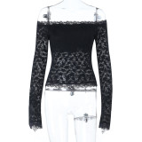Women Off-Shoulder Sexy Lace Neckline Trim Autumn Long-Sleeve Top