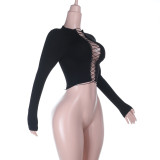 Women Autumn Hollow-Out Lace-Up Sexy Long-Sleeved Crop Top