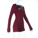 Women Autumn Square Neck Button Jumpsuit