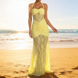 Women Autumn Sexy Lace Halter Neck Strap Dress Beach Holidays Maxi Dress