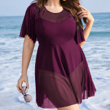 Plus Size Women Mesh Ruffled Short-Sleeved Solid Holidays Swimsuit Beach Dress
