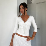Women Lace V-Neck Tie-Waist Long-Sleeve T-Shirt Crop Top