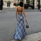 Women Lace Bra Patchwork Check Color Block Strap Dress