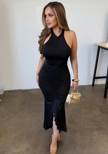 Women Solid Sleeveless Halter Neck Irregular Dress