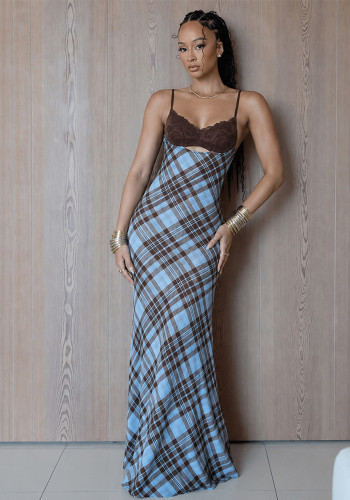 Women Lace Bra Patchwork Check Color Block Strap Dress