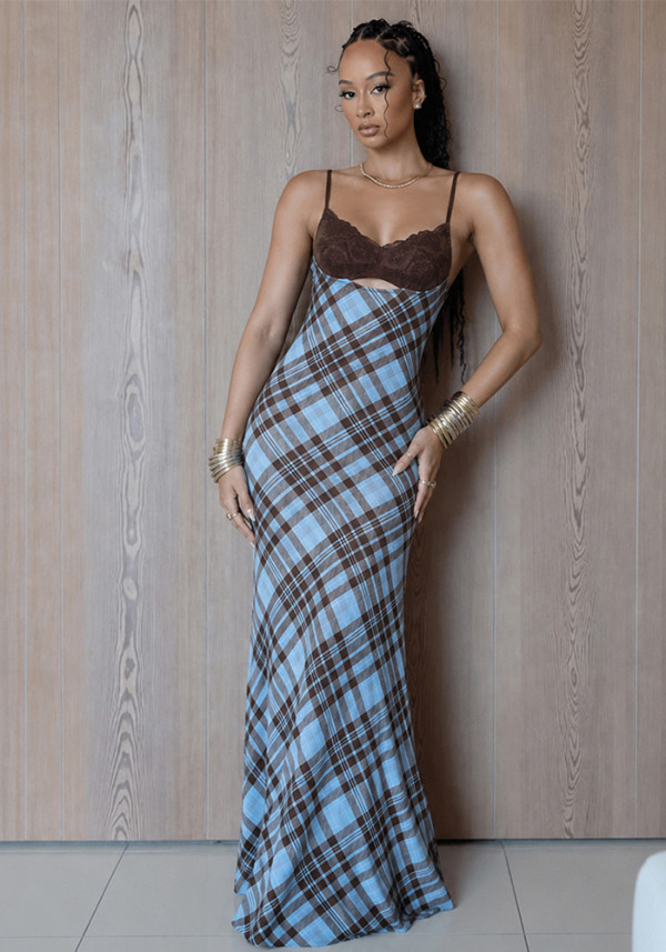 Women Lace Bra Patchwork Check Color Block Strap Dress