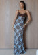 Women Lace Bra Patchwork Check Color Block Strap Dress