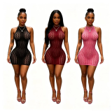 Women Lace Hollow Out See-Through Halter Neck Dress