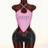 Women Summer Beaded Vest Cross Halter Neck Top