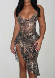 Women Sexy Print Irregular Strap Dress