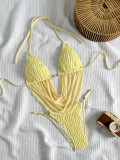 Women Solid Casual Backless Pleated Beach Holidays Two-Piece Swimsuit