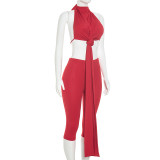 Women Casual Sexy Halter Neck Lace-Up Knot Top and Capri Pants Two-Piece Set