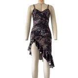 Women Sexy Print Irregular Strap Dress