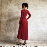 Women Waist-cinching Sweetheart Neck Long-Sleeved Solid Autumn Maxi Dress