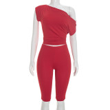 Women Sexy Slash Shoulder Short-Sleeve Top and Capri Pants Two-Piece Set