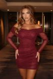 Women Burgunry Slash Shoulder Sexy Bodycon Dress