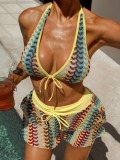 Women Beach Holidays Bikini Sexy Striped Lace-Up Three-Piece