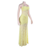 Women Autumn Sexy Lace Halter Neck Strap Dress Beach Holidays Maxi Dress