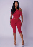 Women Sexy Slash Shoulder Short-Sleeve Top and Capri Pants Two-Piece Set