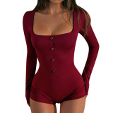 Women Autumn Square Neck Button Jumpsuit