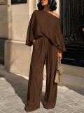 Women's Career Solid Textured Slash Shoulder Bat Sleeve Wide Leg Pants Casual Two-Piece Set