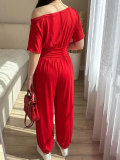 Summer Women's Casual Solid Slash Shoulder Short Sleeve Slim Waist Jogger Lantern Jumpsuit