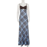 Women Lace Bra Patchwork Check Color Block Strap Dress