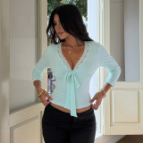 Women Lace V-Neck Tie-Waist Long-Sleeve T-Shirt Crop Top
