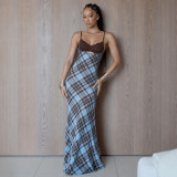 Women Lace Bra Patchwork Check Color Block Strap Dress