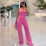 Women Casual Washed Print Headband Backless Bell Bottom Jumpsuit