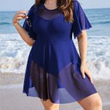 Plus Size Women Mesh Ruffled Short-Sleeved Solid Holidays Swimsuit Beach Dress