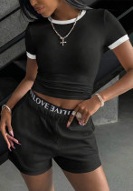 Women Summer Black and White Color Block Round Neck Short-Sleeved Top and Shorts Two-Piece Set Women Summer Black and White Color Block Round Neck Short-Sleeved Top and Shorts Two-Piece Set