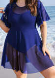 Plus Size Women Mesh Ruffled Short-Sleeved Solid Holidays Swimsuit Beach Dress