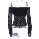 Women Off-Shoulder Sexy Lace Neckline Trim Autumn Long-Sleeve Top