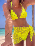 Women's Yellow Floral Lace-Up Bikini Three-Piece Swimsuit